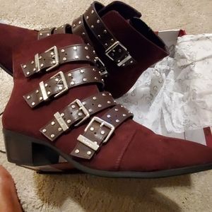 Strapped and studded suede booties